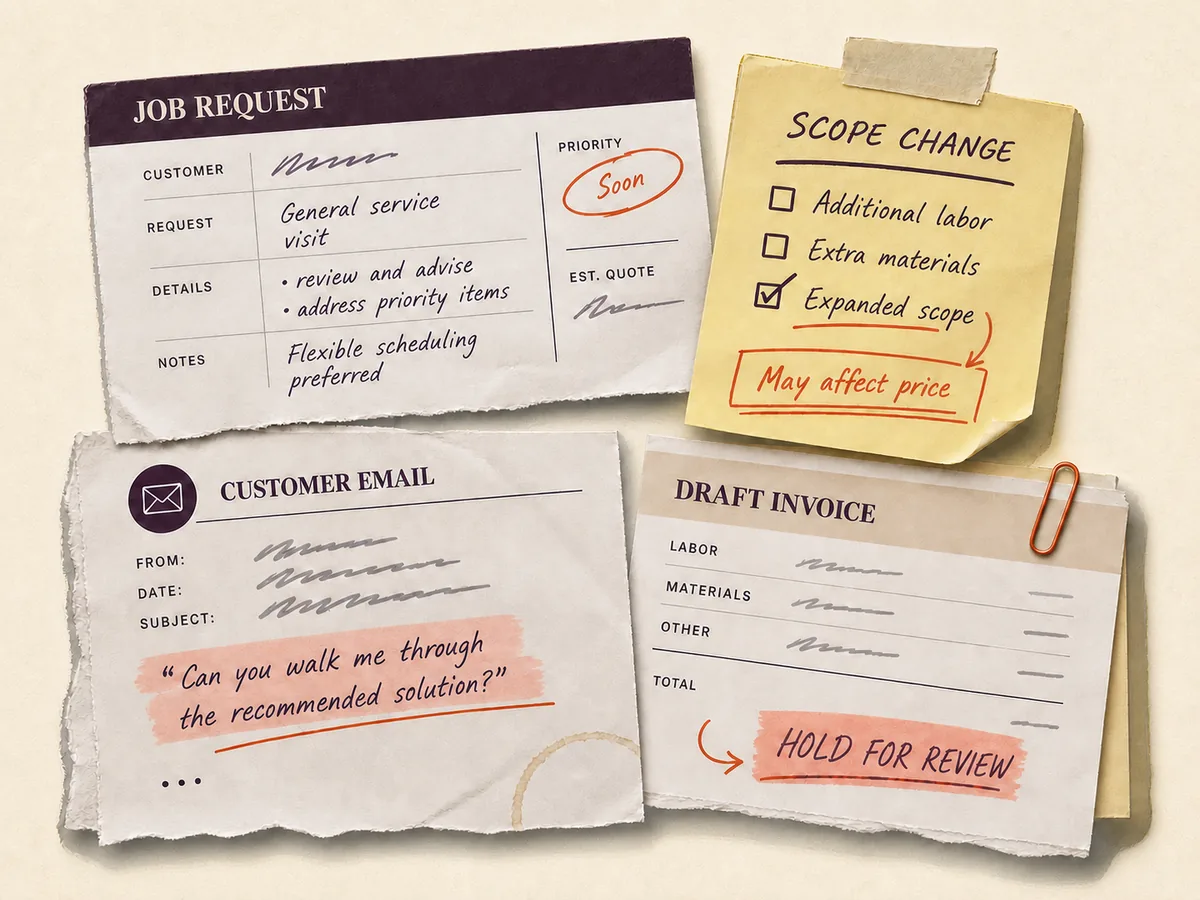 Synthetic service-office papers showing an enquiry note, quote, customer email and follow-up reminder.