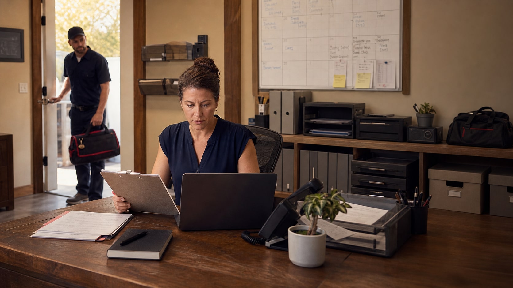 A service-trade office manager reviews job information while a field technician returns to the office.