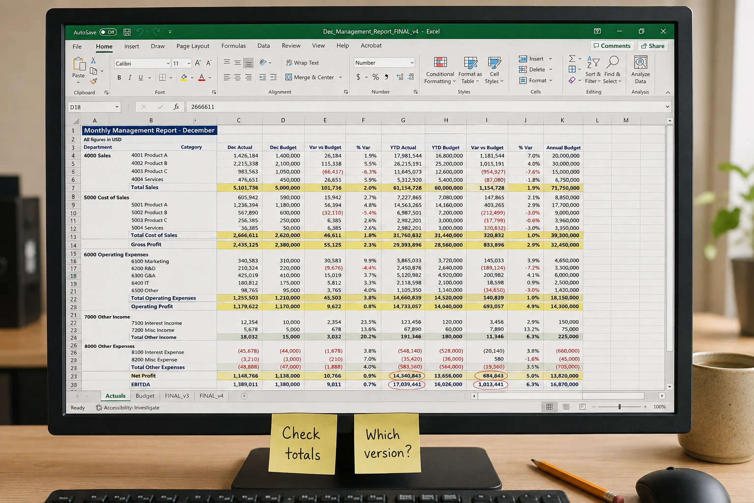 Illustrative Excel workbook on a monitor with Check totals and Which version sticky notes on the bottom bezel
